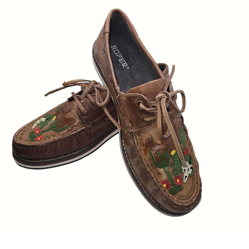 Roper Womens Brown Leather Desert Cactus Skull Boat Shoes Loafers Sz 10 - Picture 4 of 12